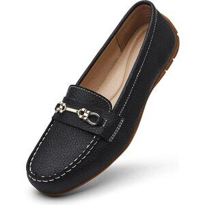 Kordal Women's Black Leather Gold Accent Buckle Slip-Ons Walking Flats Loafers